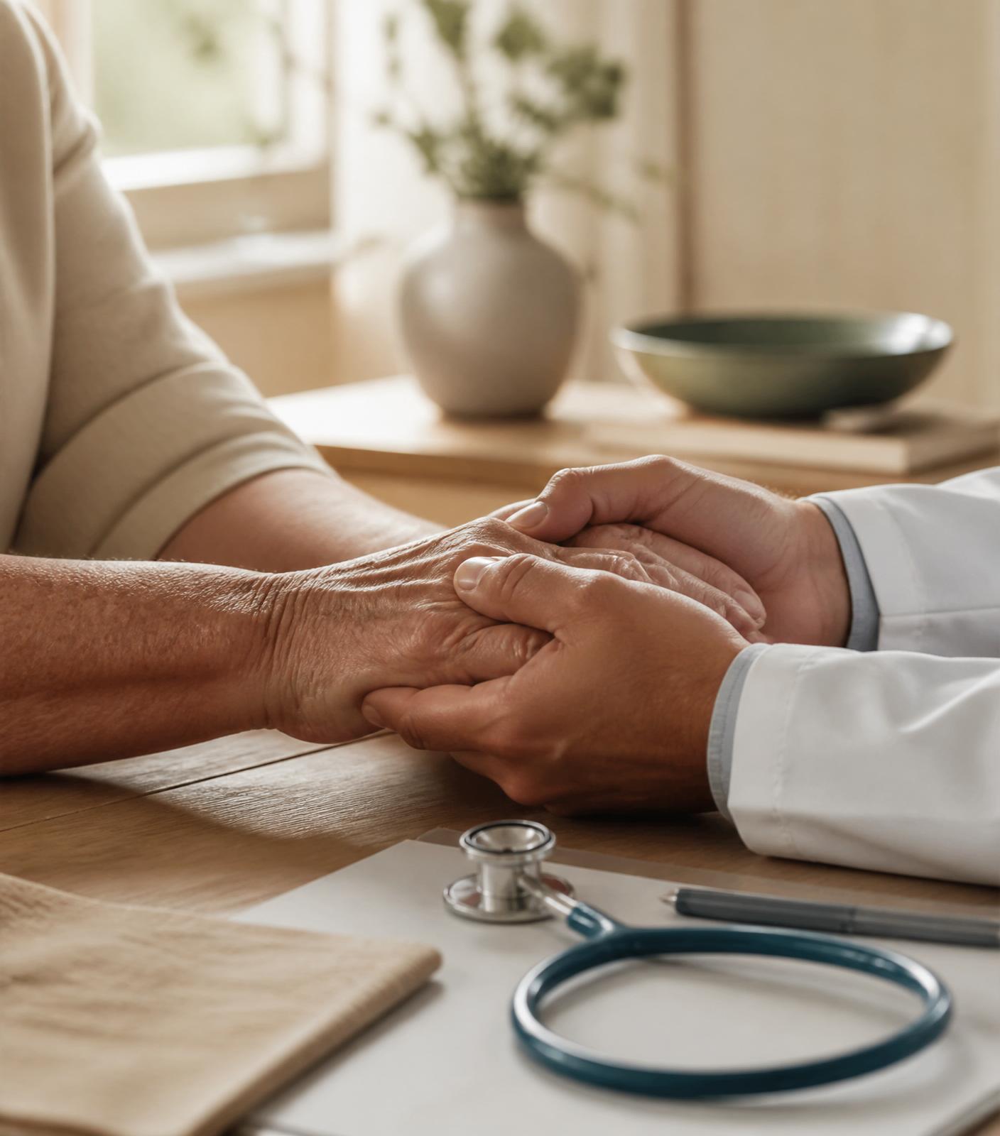 A doctor holding a patient's hand during consultation